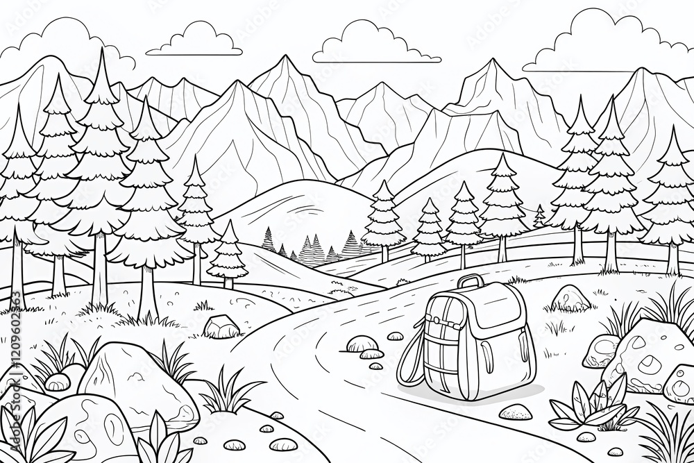 Coloring Page: Black Contour Hiking Travel Illustration - Adventure Nature Scene for Adults and Kids Coloring Page: Black Contour Hiking Travel Illustration - Adventure Nature Scene for Adults and Kids