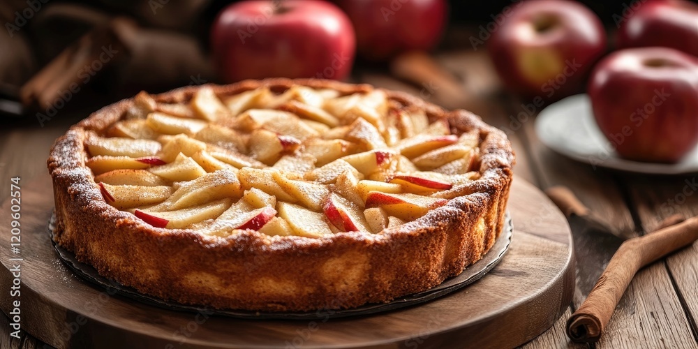 Rustic apple cinnamon cake on wooden board with sliced apples on top surrounded by red apples and cinnamon sticks in warm earthy tones Rustic apple cinnamon cake on wooden board with sliced apples on top surrounded by red apples and cinnamon sticks in warm earthy tones