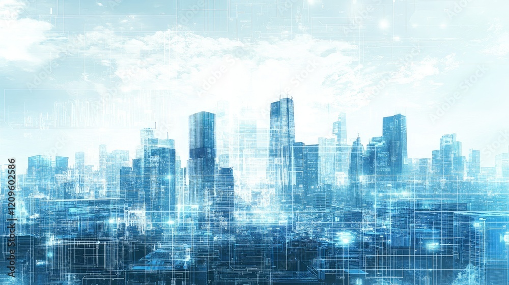Futuristic cityscape with digital blueprints overlay Futuristic cityscape with digital blueprints overlay