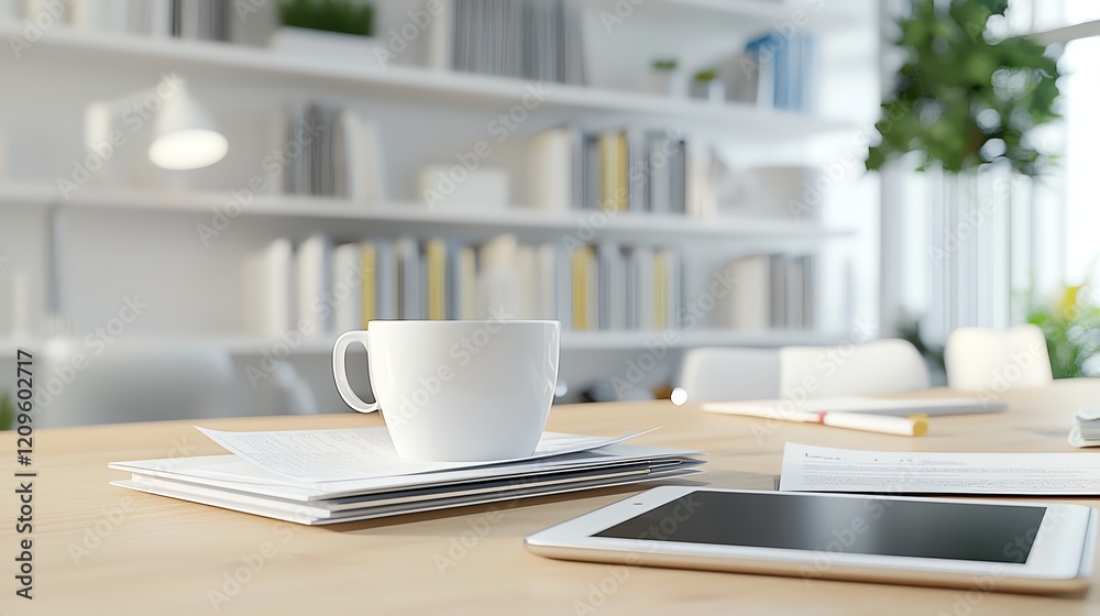 Modern workspace featuring a coffee cup on a desktop with a tablet, emphasizing productivity and contemporary design. Modern workspace featuring a coffee cup on a desktop with a tablet, emphasizing productivity and contemporary design.