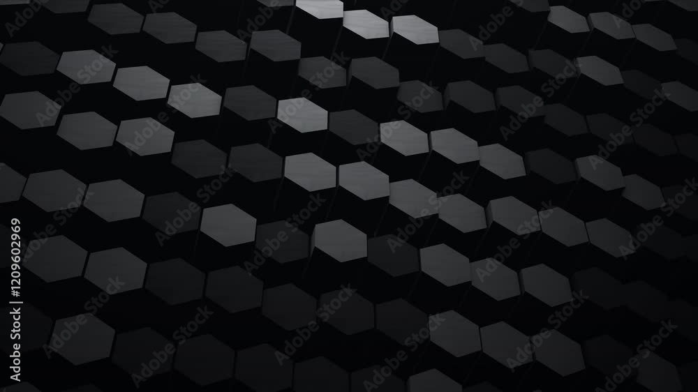 Digital black white hexagonal geometric flowing wall surface. Abstract moving dark shapes illuminated by light. Minimalistic honeycomb grid pattern. 4k 60fps looped graphic.