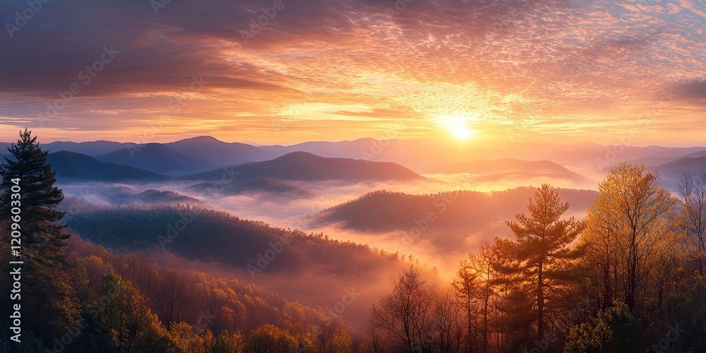 Obraz premium Majestic sunrise over layered mountains with warm orange and soft purple hues illuminating misty valleys, ideal for text overlay and reflection.
