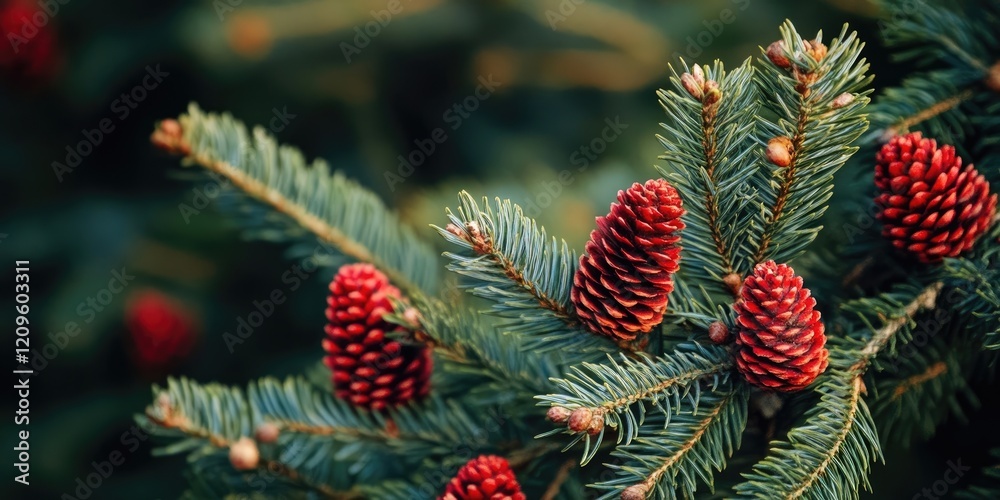 Spruce tree with vibrant green branches and striking red cones, showcasing detailed textures and natural beauty in a close-up view. Spruce tree with vibrant green branches and striking red cones, showcasing detailed textures and natural beauty in a close-up view.