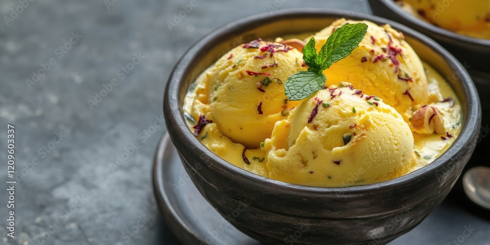 Rajasthani kulfi dessert in a dark bowl topped with mint leaves and nuts on a gray slate background with copyspace for text horizontal layout. Rajasthani kulfi dessert in a dark bowl topped with mint leaves and nuts on a gray slate background with copyspace for text horizontal layout.