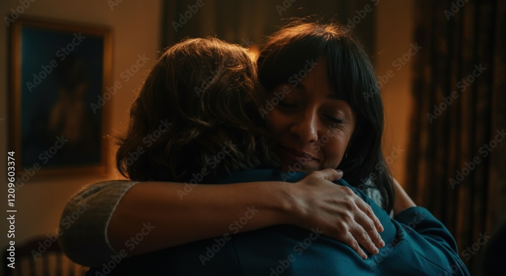Warm embrace between two women in dimly lit room Warm embrace between two women in dimly lit room