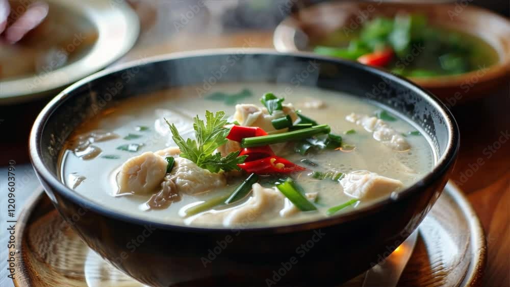 Delicious bowl of steaming soup with dumplings, herbs, spices, and red chili, topped with green onions for ultimate comfort food experience. Delicious bowl of steaming soup with dumplings, herbs, spices, and red chili, topped with green onions for ultimate comfort food experience.