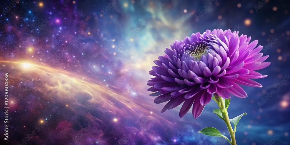 Fototapeta premium Cosmic Aster: Vibrant Purple Flower with Nebula Background - Stunning Screensaver Image