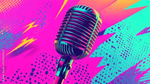 Retro Microphone, Vibrant Neon Colors, Abstract Background, Pop Art Style, 80s Aesthetic, Colorful Illustration