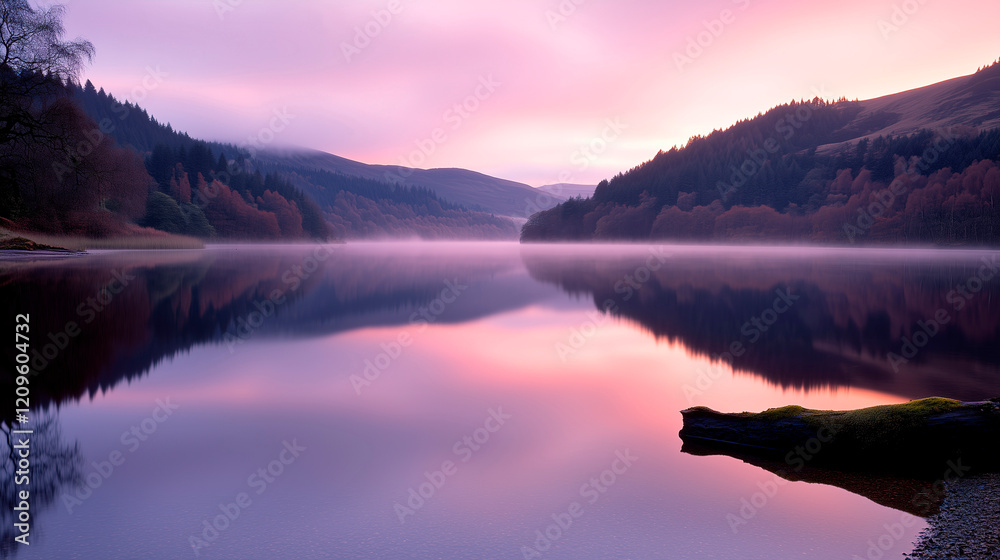 Fototapeta premium A foggy forest with sunlight filtering through, creating a magical ambiance