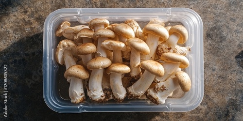 Fresh Shimeji mushrooms arranged in a clear plastic container with a rustic textured background natural light highlighting golden brown caps and stems. photo