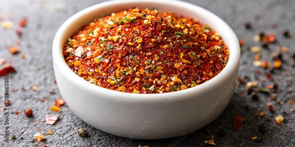 Colorful spice blend with red and yellow paprika herbs and garlic in a white round ceramic bowl positioned center on gray stone surface. Colorful spice blend with red and yellow paprika herbs and garlic in a white round ceramic bowl positioned center on gray stone surface.