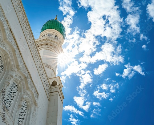 The green dome of the historic Nguyen Minaret and white walls of Masjid al-Nabawi in Mecca, stock photo with blue sky and clouds in the background. 