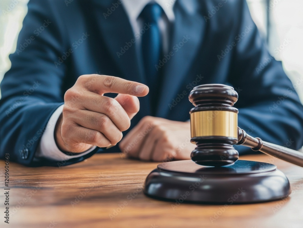 A professional in a suit points at a gavel, symbolizing authority and the judicial process in a courtroom setting. A professional in a suit points at a gavel, symbolizing authority and the judicial process in a courtroom setting.