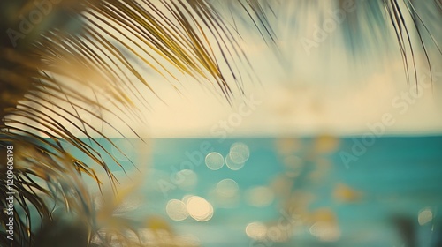 Tropical palm leaves, bokeh sunlight ocean view, beachy background decor photo