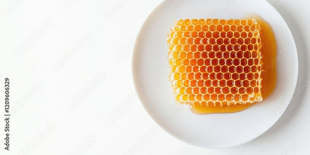 Fototapeta premium Top view of a golden honeycomb with honey on a white plate against a bright white background with ample space for text on the right side