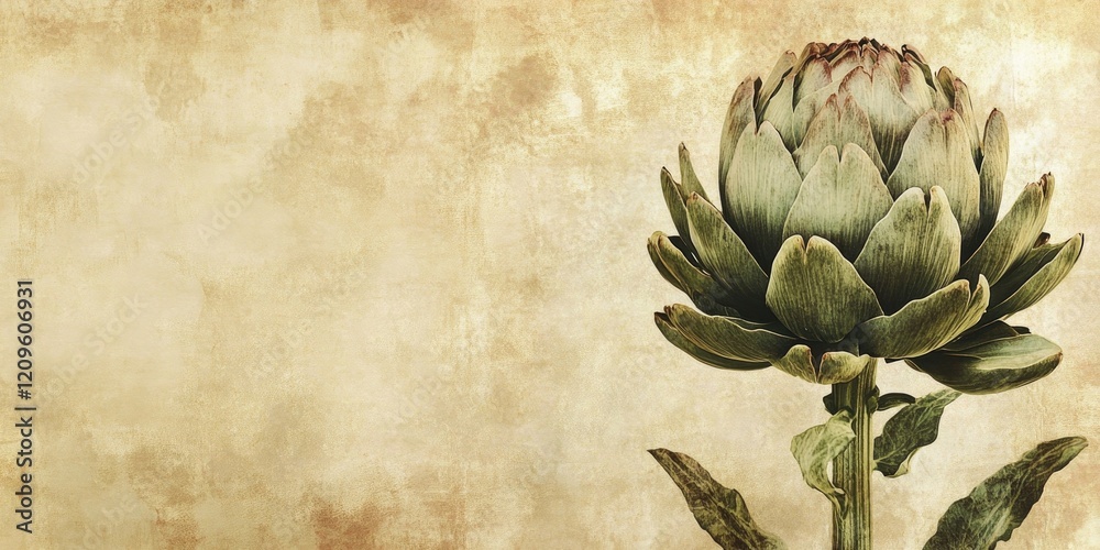Fototapeta premium Vintage paper background with muted beige tones featuring a detailed artichoke on the right, soft textures enhancing the rustic feel.