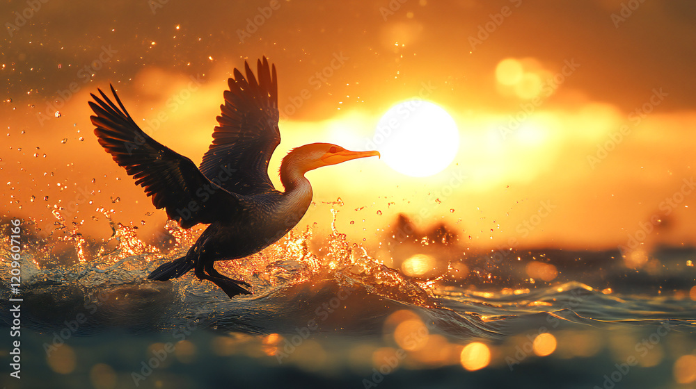Obraz premium Cormorant Bird in Flight Over Water at Sunrise with Golden Light