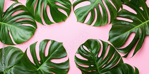 Lush green monstera leaves arranged on a soft pink background, creating a vibrant flat lay layout with bold contrast and natural elegance. photo