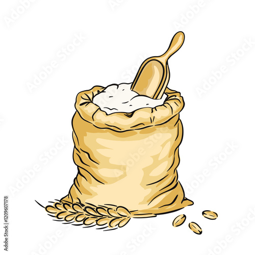 Burlap sack filled with white flour shows a wooden scoop and scattered wheat grains nearby. vector illustration