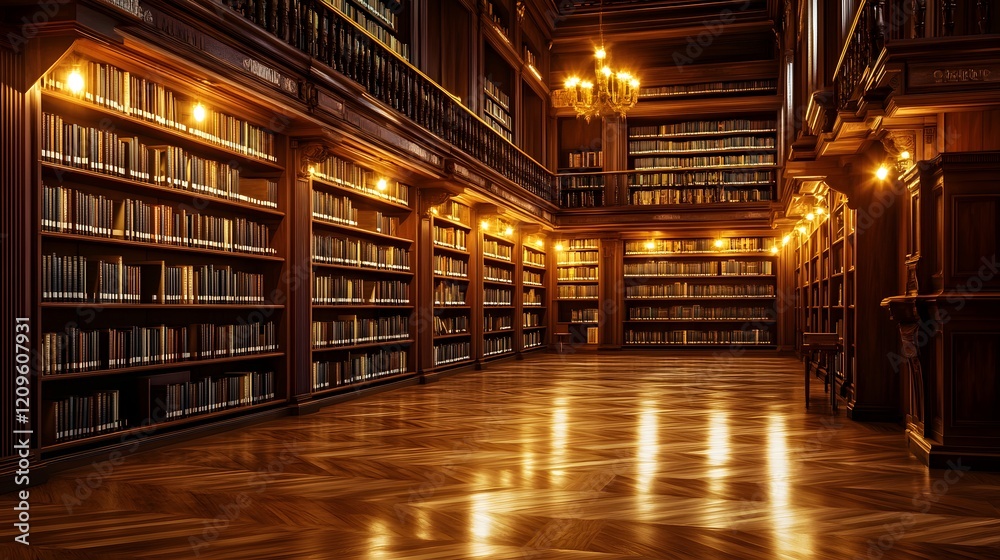 Traditional library with tall bookshelves, warm ambient lighting, and polished wood floors. A tranquil space for reading or study. Traditional library with tall bookshelves, warm ambient lighting, and polished wood floors. A tranquil space for reading or study.