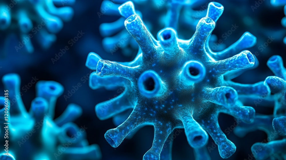 Abstract close-up of blue viral structures glowing with intensity Abstract close-up of blue viral structures glowing with intensity
