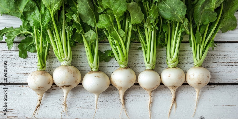 White turnips with green leaves arranged evenly on a rustic white wooden table, showcasing their round bulbs and vibrant green tops. White turnips with green leaves arranged evenly on a rustic white wooden table, showcasing their round bulbs and vibrant green tops.