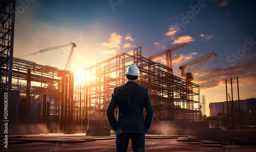 Civil engineer standing in front of an industrial building under construction.