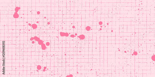 Dotted halftone effect on a pink checkered paper sheet. Pink ink splashes and tiny drips cover the surface. Grunge texture, raw artistic feel.