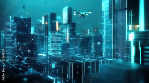 Futuristic Cityscape with Drone