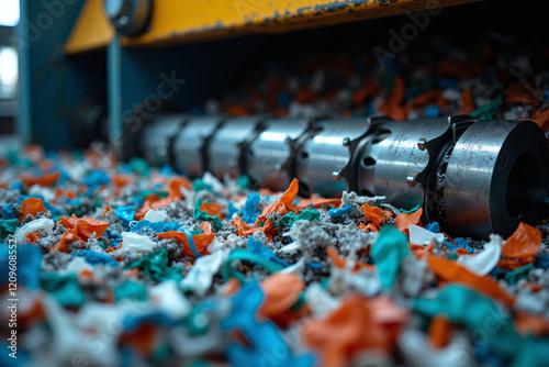 Sharp metal cutter blades of a roller shredder machine cutting and grinding collected plastic trash into smaller tiny bits to be process during recycling to help reduce waste and pollution. Closeup.