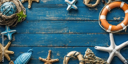 Nautical summer sale decor with marine elements like starfish, lifebuoy and rope on a weathered blue wooden background creating a coastal theme photo