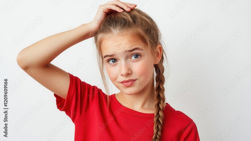 Curious Girl with Braided Hair Scratching Her Head Curious Girl with Braided Hair Scratching Her Head