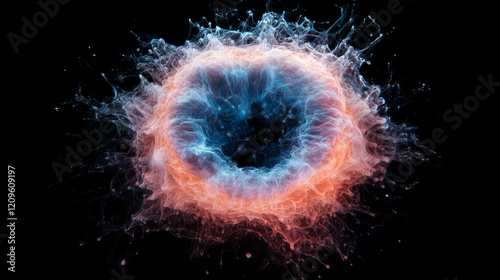 Abstract energy burst with colorful swirling patterns on black background, cell, microorganism, biology 