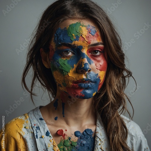 A young artist holding a palette, with colorful paint smudges on her face and clothing.