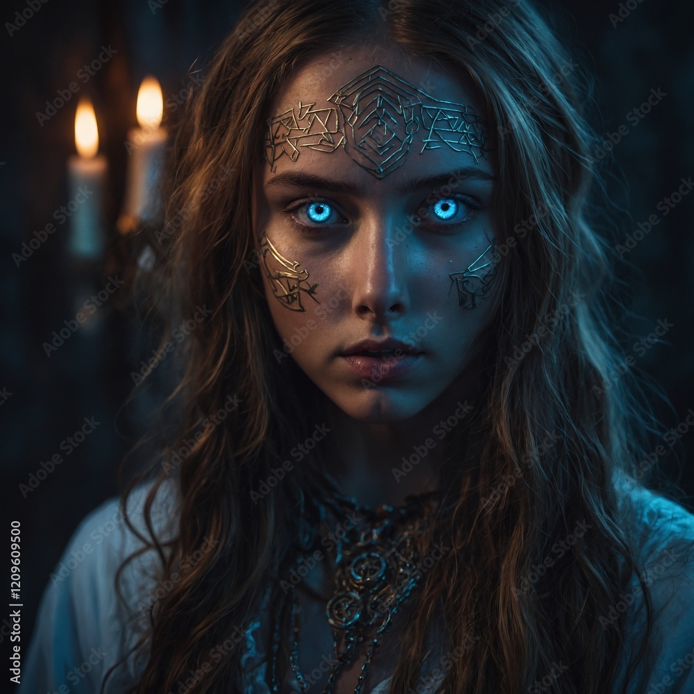 A mystical girl with glowing eyes and magical runes surrounding her. A mystical girl with glowing eyes and magical runes surrounding her.