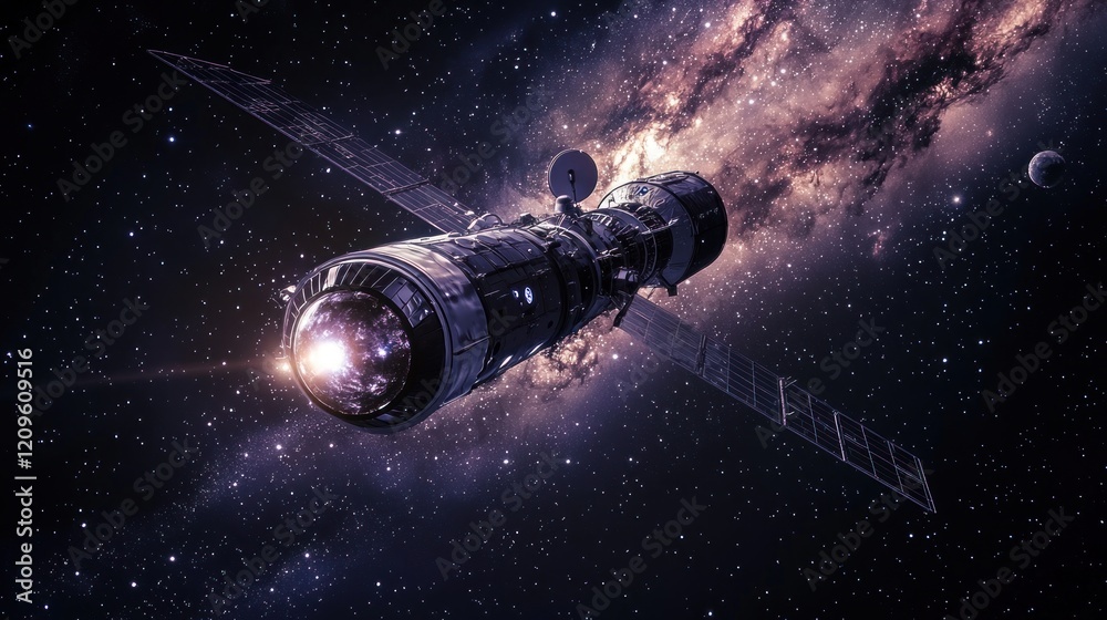 Fototapeta premium Satellite in Deep Space with Nebula Background Exploring the Universe