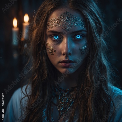 A mystical girl with glowing eyes and magical runes surrounding her.