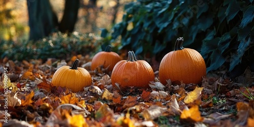 Autumn scene featuring four orange pumpkins surrounded by vibrant orange and yellow fallen leaves against a lush green backdrop.