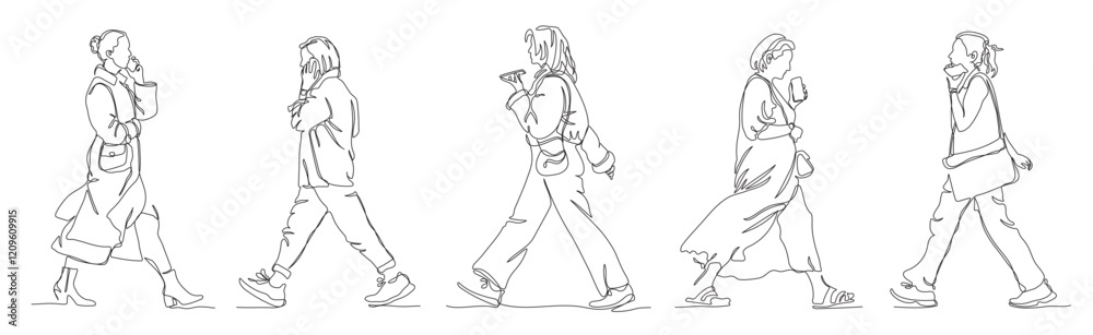 Women walking and talking on the phones. 5 items set. Linear drawing. Side view. Black and white vector illustration in line art style. Women walking and talking on the phones. 5 items set. Linear drawing. Side view. Black and white vector illustration in line art style.