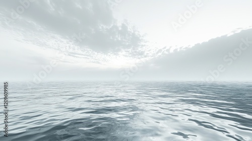 A serene, misty seascape with gentle waves and a soft, overcast sky creating an ethereal atmosphere