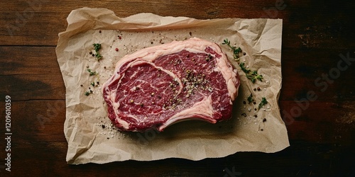 Flatlay of uncooked prime ribeye steak with seasoning on craft paper, showcasing red and white marbling, set on a rustic wooden surface. photo