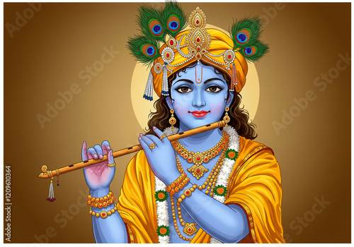 Intricate Digital Painting of Lord Krishna in Golden Attire Holding a Flute photo