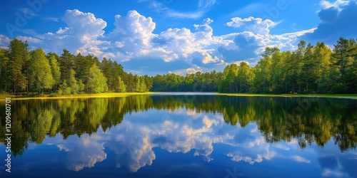 Serene landscape with lush green treetops and fluffy white clouds reflecting in calm blue lake water under a vibrant sky photo