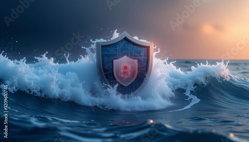 Shield crest emerging from ocean waves