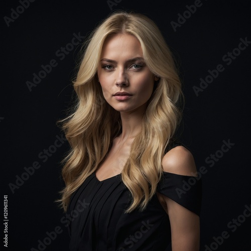 A beautiful woman with flowing blonde hair in an elegant black dress, standing against a solid black background.