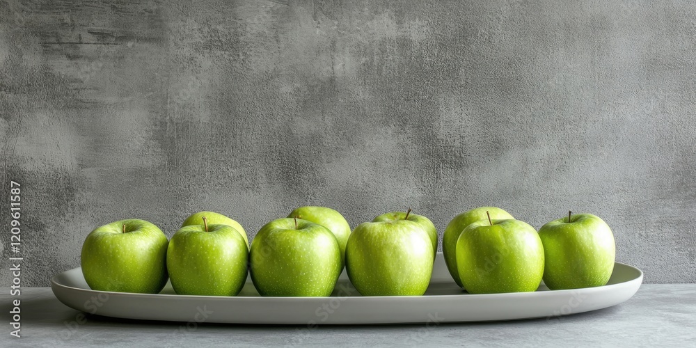 Fresh green apples arranged in a white oval tray against a textured grey backdrop with even lighting highlighting their glossy surfaces. Fresh green apples arranged in a white oval tray against a textured grey backdrop with even lighting highlighting their glossy surfaces.
