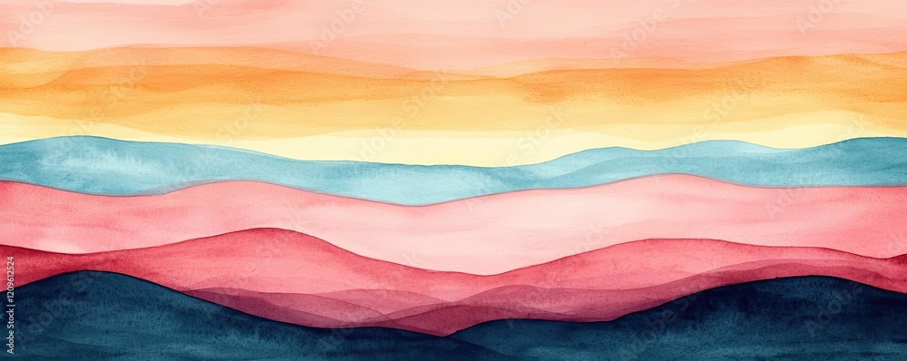 Obraz premium Retro watercolor idea. Beautiful watercolor landscape with vibrant layers of colors and gentle hills.