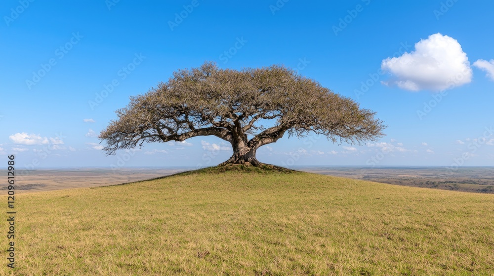 Lone tree savanna landscape, clear sky, peaceful nature scene, ideal for travel brochures Lone tree savanna landscape, clear sky, peaceful nature scene, ideal for travel brochures