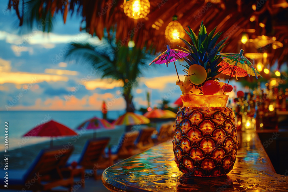 Fototapeta premium Vibrant tiki cocktail served in a pineapple at a tropical beach bar during sunset
