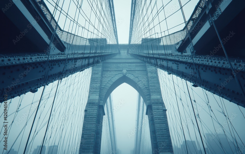 Obraz premium Aerial view of a majestic bridge featuring an impressive tall tower, showcasing intricate design and engineering marvel against a scenic backdrop.